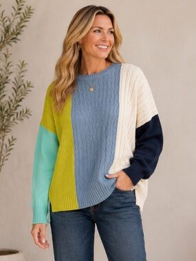 Belle by Kim Gravel Colorblock XL Block Cable Knit Sweater NWOT